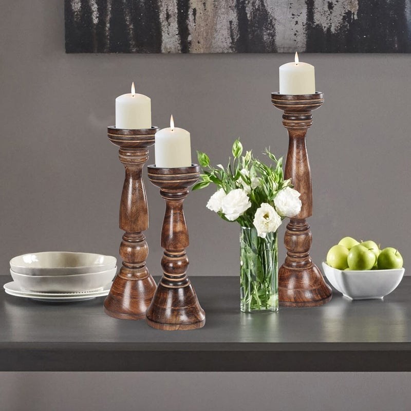 Light & Pro Farmhouse Wood Pillar Candle Holders Set of 3 - Tall Rustic Candle Holders for Home Decor, Centerpieces, and Weddings, Heights: 16", 14", 12" - Natural Burnt - Image 5